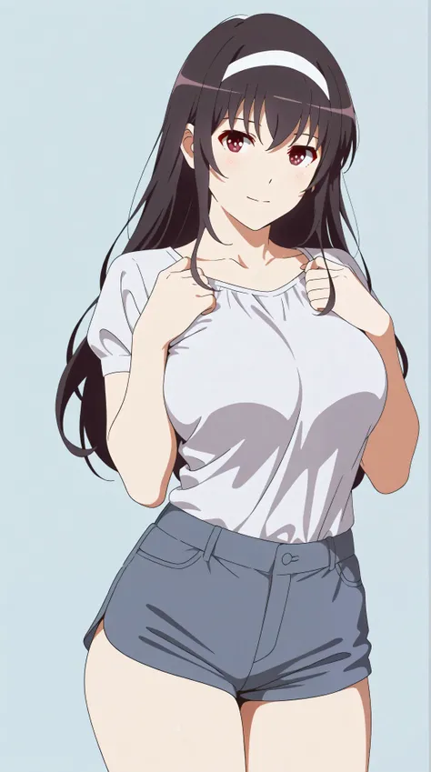 masterpiece, extremely detailed,4k,solo,1girl,adult ,((fullbody)),kasumigaoka utaha,slim body, sexy legs,perfect body,perfect skin texture,large breasts,housewife,grey short pants, oversize white tshirt, soft light, high detailed, best quality, upper body,...