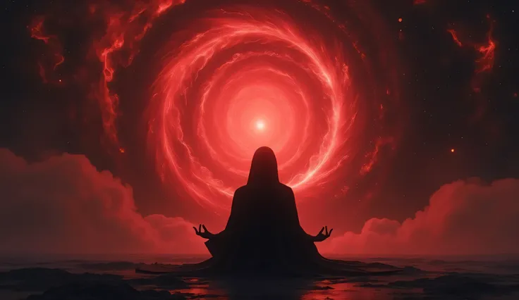 A deep black figure, glowing faintly in red hues, sits in a meditative pose at the center of a cosmic storm. Behind them, a massive swirling vortex of red and black light stretches into infinity. Their shadow stretches unnaturally long, blending into the v...