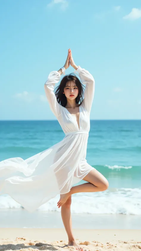 8k, masterpiece, highest quality, Korea's Beautiful Women, white dress doing yoga on beach with ocean in background