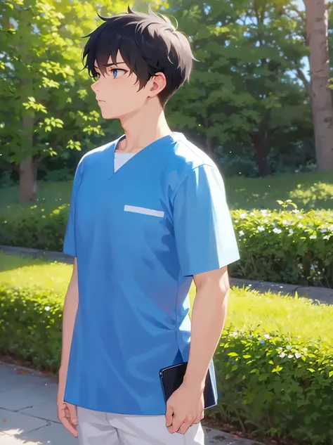 side angle, (looking away:1.5), masterpiece, best quality, Japanese manga style, upper body, (25 year old male: 1.5) and (short black hair) and (blue eyes), BREAK (blue) and (Hospital wear) BREAK (worried:1.3), park, alone, standing,