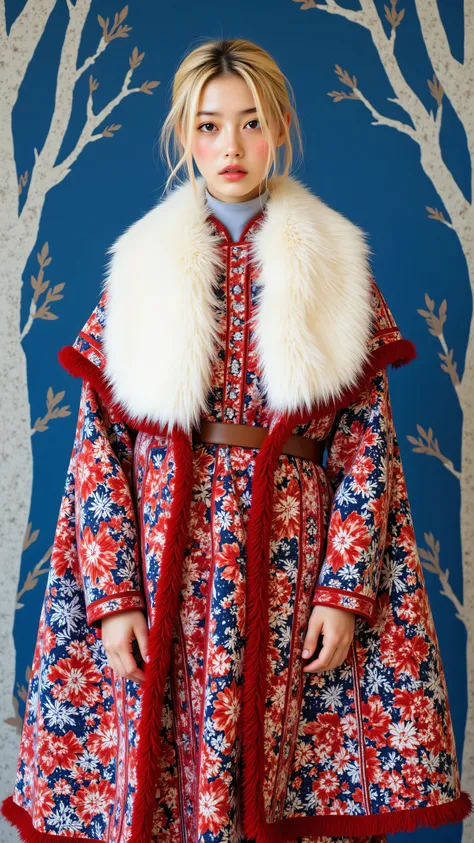 8k, masterpiece, highest quality, Korea's Beautiful Women, High-angle,  blonde hair, fair skin, serious expression, aloof,  floor-length cape, red, blue, white, floral pattern, folk art, geometric shapes, large white fur collar, red fringed trim,  brown be...