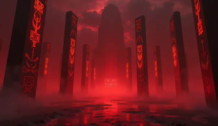 A dark temple floating in a sea of glowing red mist, with towering abstract pillars covered in cryptic symbols. The symbols glow with an eerie red light, casting shadows that shift and move on their own. The atmosphere is heavy with mystery, as if the temp...