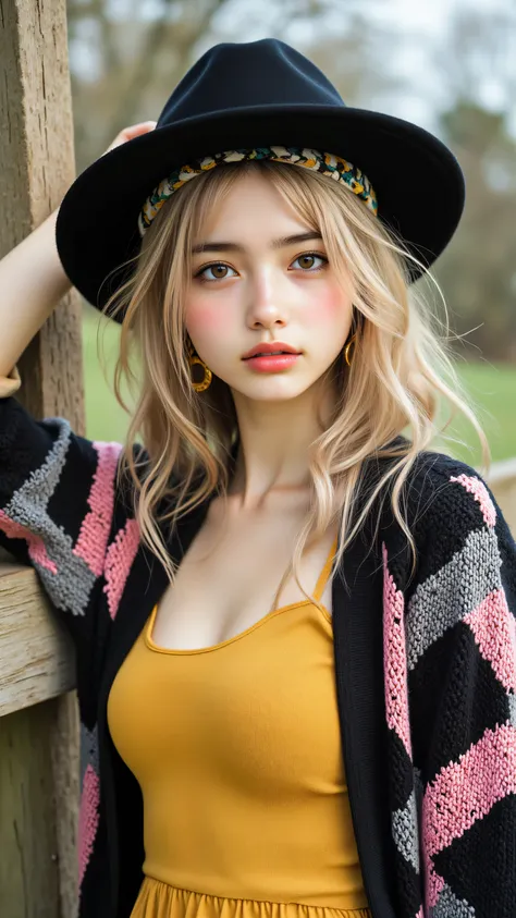 8k, masterpiece, highest quality, Korea's Beautiful Women, blonde hair, fair skin,  blue eyes, black fedora, patterned headband, gold earrings, crocheted cardigan, black, pink, gray squares, yellow dress, relaxed pose, leaning, wooden fence, rural setting,...