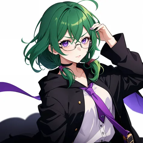 1girl, anime, messy_short_tied_hair, midnight_green_hair, purple_cloak, glasses, satchel, serious, flirty, violet_eyes, pose, white_background, looking_at_viewer