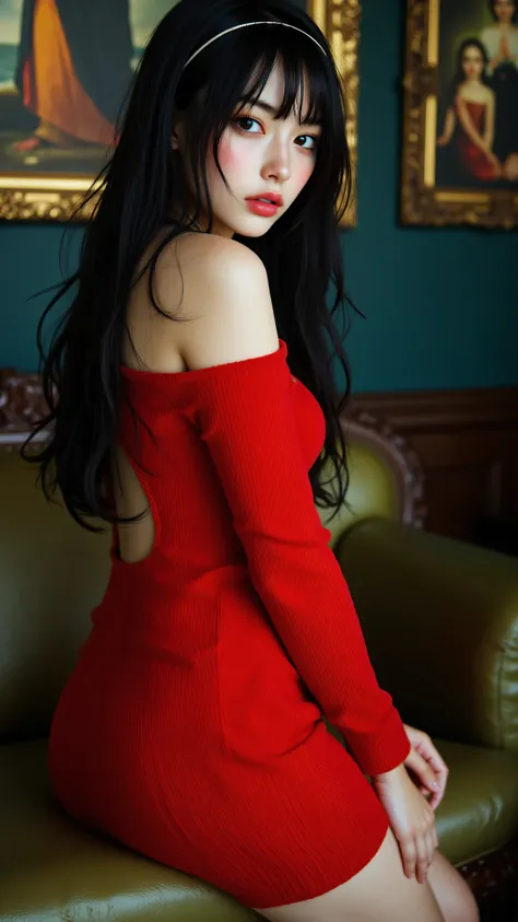 8k, masterpiece, highest quality, Korea's Beautiful Women, Medium shot, long black hair, sleek bob, bangs, vibrant red dress, off-shoulder, form-fitting, back revealed, short dress, soft knit, jersey, thin off-white headband, dark eyes, defined lip, seriou...