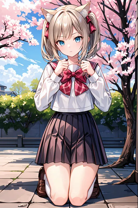 (( Masterpiece)), ( top quality), ( super detailed), ( beautiful illustration),
Outdoors, Flower Garden, cherry blossoms,
Concealed Tsukiko , Grey Hair , short hair,  Aqua Eyes, side ponytail, school uniform, white shirt, Pink Plaid Skirt ,  Black Legwear ...