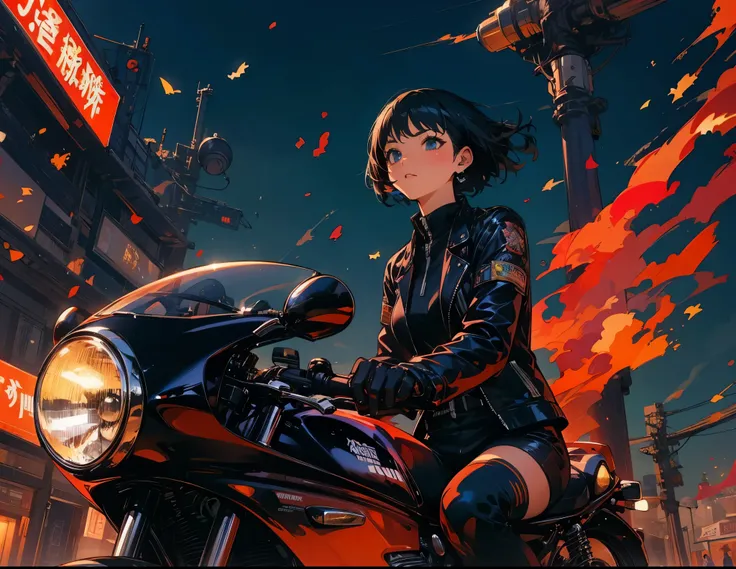  Masterpiece、Woman riding a motorcycle、 black hair、 short hair、 clothes that are less revealing、 stylish anime