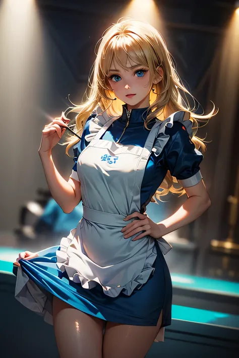  perfect anatomy 　  top quality,  highest resolution,(((shiny light blue and white one-piece apron dress　Shiny Blonde　  blue eyes)))　 Alice in Wonderland　 girl