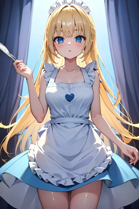  perfect anatomy 　  top quality,  highest resolution,(((shiny light blue and white one-piece apron dress　Shiny Blonde　  blue eyes)))　 Alice in Wonderland　 girl