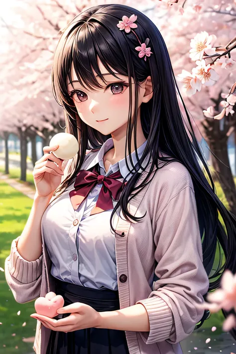 "A refined Japanese woman with long, silky black hair, dressed in a pale lavender patterned dress and a light pink cardigan. She delicately holds a sakura mochi in her hands, her expression serene and content as she enjoys the sweet taste under the cherry ...