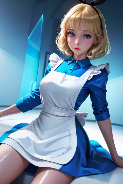 perfect anatomy top quality, highest resolution,(((shiny light blue and white one-piece apron dress Shiny Blonde blue eyes))) Alice in Wonderland girl