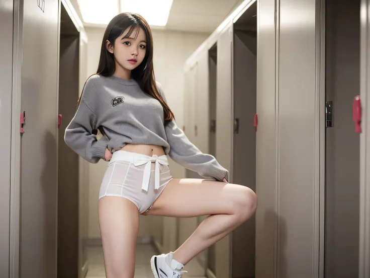 NSFW, cute girl, gray sweater, strips from the waist down, showing pussy , in school locker rooms, full body.