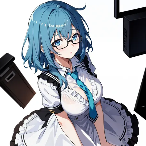 1girl, anime, light_blue_eyes, soft_blue_short_messy_hair, asymmetrical_bangs, looking_up, looking_at_viewer, big_breasts, black_glasses, sleepy, teaching, white frilled dress, loose_black_necktie, white_background 