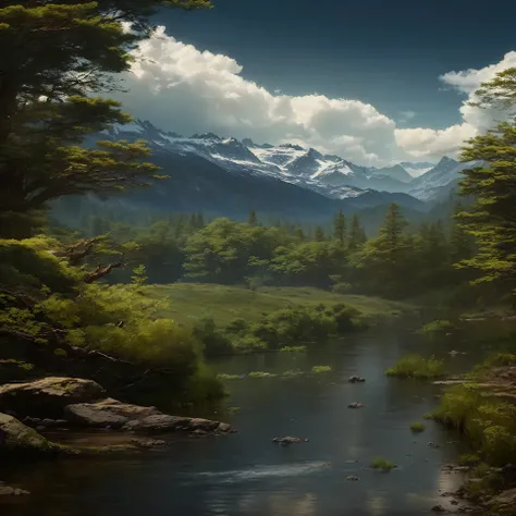 painting of a river in a forest with a mountain in the background, beautiful mattepainting, beautiful render of a landscape, highly realistic concept art, 8k matte painting, 8 k matte painting, middle earth landscape, highly detailed environment, 3d render...