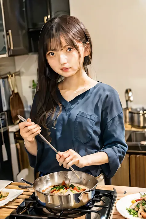 A very beautiful Japanese woman cooking food