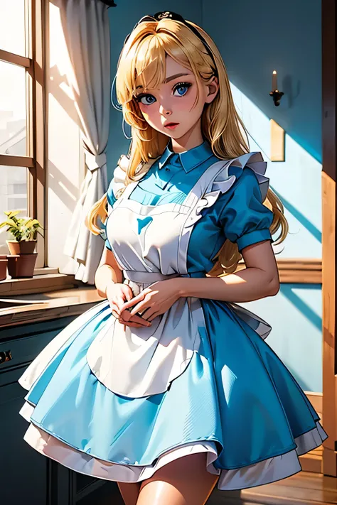 perfect anatomy top quality, highest resolution,(((shiny light blue and white one-piece apron dress Shiny Blonde blue eyes))) Alice in Wonderland girl