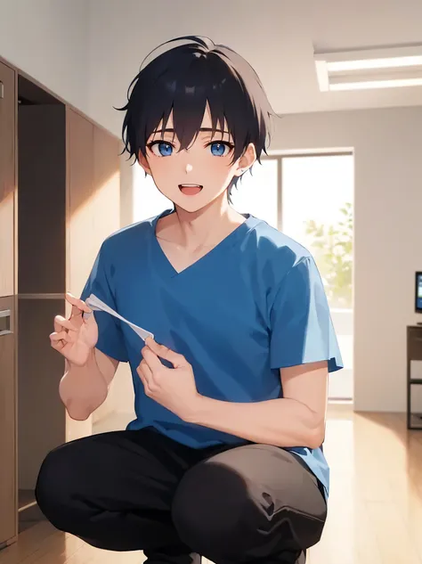 inside a Chiropractic clinic, squatting, hand up, masterpiece, best quality, Japanese manga style, upper body, (25 year old male: 1.5) and (short black hair) and (blue eyes), BREAK (blue:1.3) and (Hospital wear:1.5) and (pants) BREAK smile, open mouth, alo...