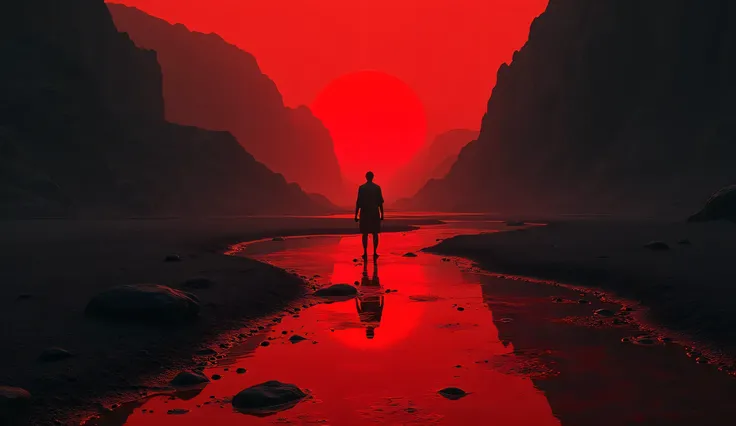 "A glowing red river flows through a desolate black landscape, carrying floating shards of memories—faces, events, civilizations lost in time. A lone figure stands at the edge, staring into the water, where their own reflection shifts between past, present...