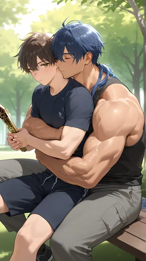 Romantic rod of two muscular men hugging each other in the park