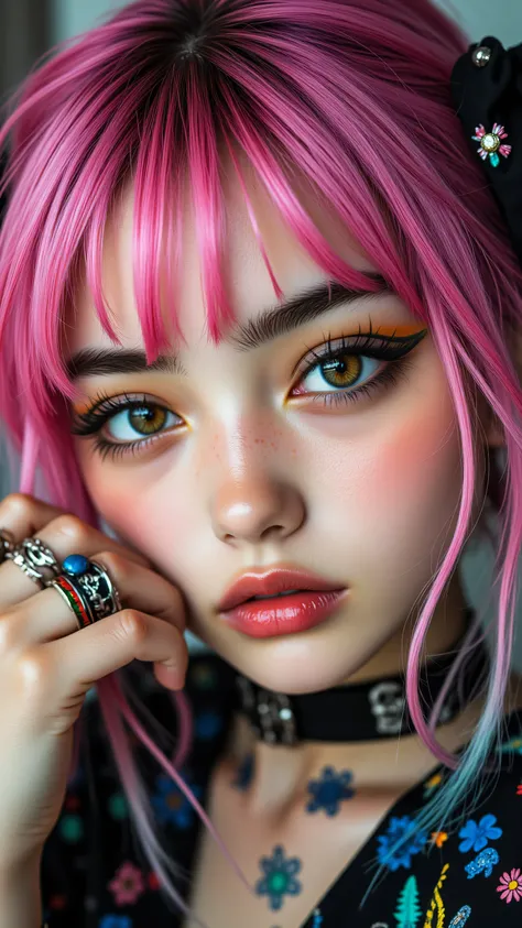 8k, masterpiece, highest quality, Korea's Beautiful Women, Close-up, vibrant, pink, blue, green, hair, pigtails, clown-like, makeup, orange, yellow, eyeshadow, pale, mischievous, playful, dark, clothing, rings, bracelets, studded, choker, collar, tattooed,...