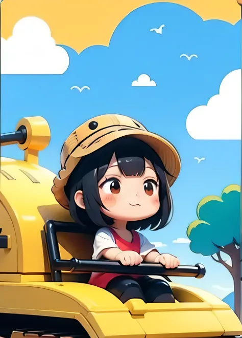 cute comic, 1 magica holding weapon, motor vehicle, tank, cat, hat, yellow, bangs, no nose, blush, cloud, sky
 