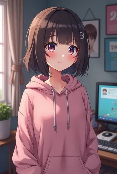 Create a anime girl who have a  mature looking like a woman facing in front he is a YouTube content creator and there is microphone near him ,wearing pink hoodie, smiling, and there is 2 posters bts logo in his room" write Story with tanju in the backgroun...