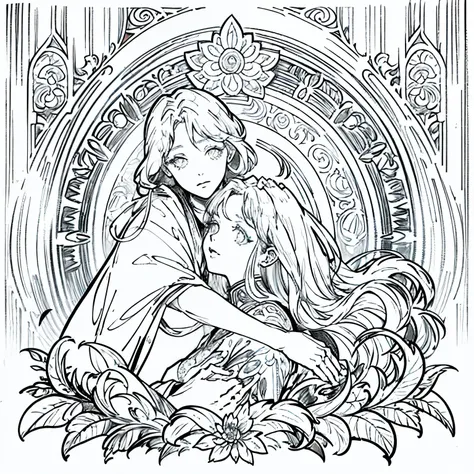 "A beautiful woman in the style of Alphonse Mucha combined with anime aesthetics, elegant and decorative art nouveau patterns, flowing hair with intricate details, soft and delicate facial features, large expressive anime-style eyes, pastel colors, floral ...