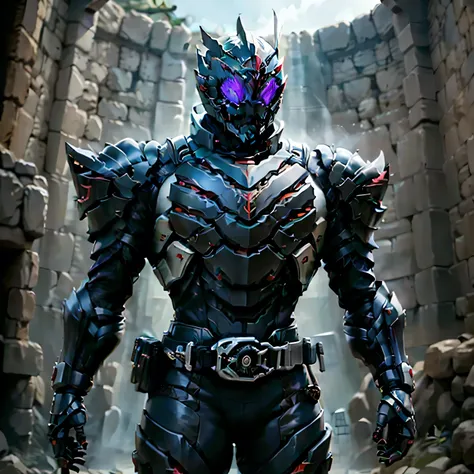 A man adorned in fantasy-style full-body black armor, a iguana-concept fully enclosed helmet that unveils only his eyes, a composite layered chest plate, fully encompassing shoulder and hand guards, a lightweight waist armor, form-fitting shin guards, the ...