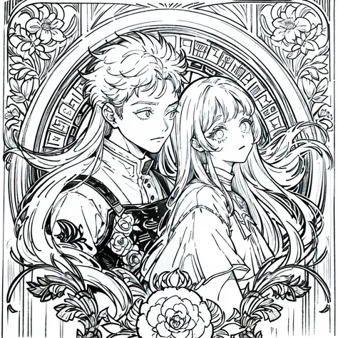 "A beautiful woman in the style of Alphonse Mucha combined with anime aesthetics, elegant and decorative art nouveau patterns, flowing hair with intricate details, soft and delicate facial features, large expressive anime-style eyes, pastel colors, floral ...