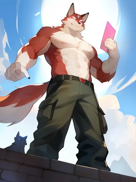 Alone, male people, The upper part of the body，cargo pants, convex, a dog, siberian sled dog ,, The eye, glowing light eyes, ,shyexpression,   musculous, chest muscles, Low Oblique perspective, by bebebebebe, author：peak, by dark gems, author：Mystic Fox 61...