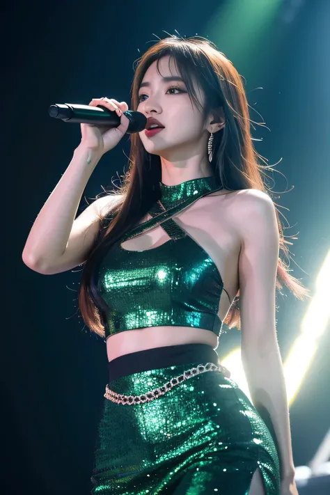 Close up, 8k, highest quality, ultra details, Thai singer named Lisa, music, performance, stage, vibrant outfit, powerful vocals, captivating presence.blackground green solid.