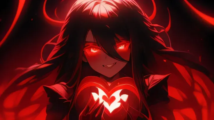 Hi resolution, best quality, beautiful girl, long black hair, red eyes, large breasts, holding a red glowing and bleeding heart in her hands, dark background, blood all over her face , black billowing robes, death, black sky, scary, horror, evil, bloody, f...