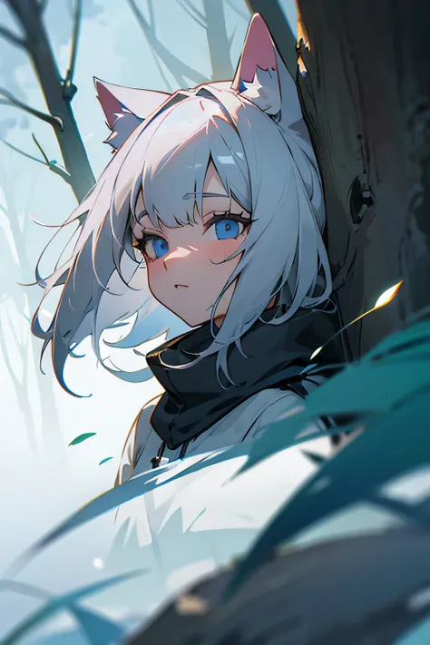  gray hair　 blue eyes　 dog ear　forest