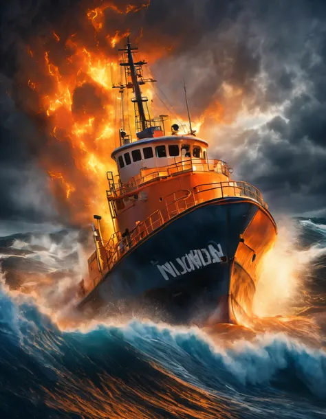"A fiery explosion on a rescue tugboat, battling through massive stormy waves, with turbulent ocean waters crashing against the hull. Bright orange flames explode behind the ship as it cuts through the intense waves, surrounded by dark storm clouds and a d...