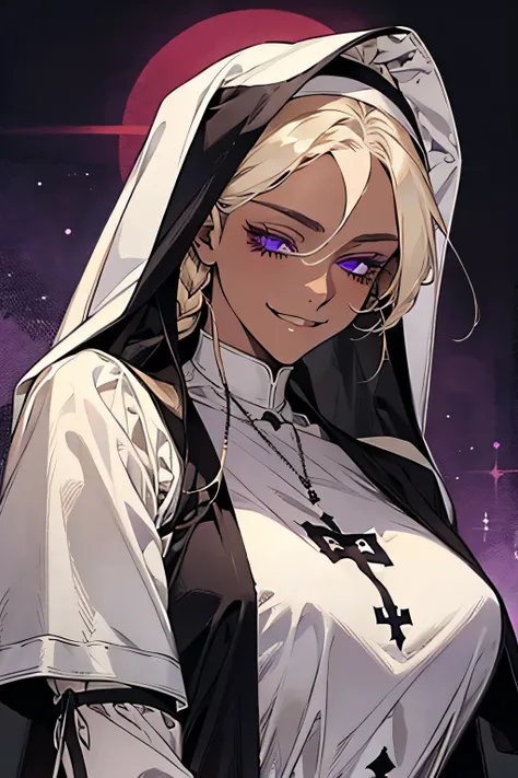  angle from below　A nun　 blonde　 purple eyes 　 with eyes closed　 smiles　smirk　 dark skin　Nun&#39;s attire　 lifts her skirt 　Showing off panties to the audience　background:Inside the chapel　night