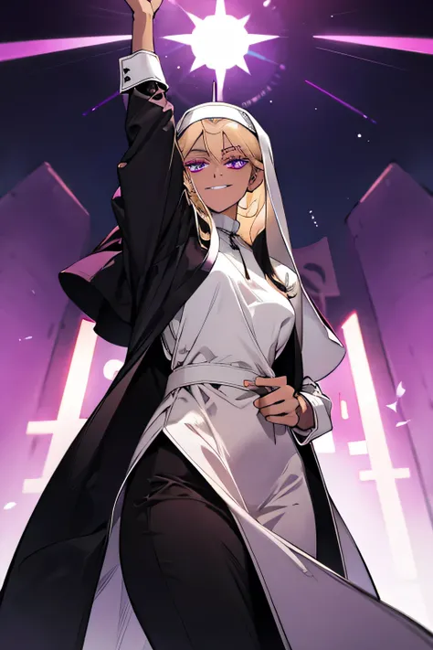  angle from below　A nun　 blonde　 purple eyes 　 with eyes closed　 smiles　smirk　 dark skin　Nun&#39;s attire　 lifts her skirt :1.2　Showing off panties to the audience:1.5　background:Inside the chapel　night