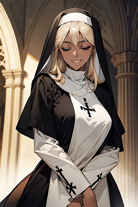  angle from below　One super beautiful nun 　 blonde　 with eyes closed　 smiles　smirk　 dark skin　Nun&#39;s attire　( shows off her panties to viewers:1.5)　background:Inside the chapel　night