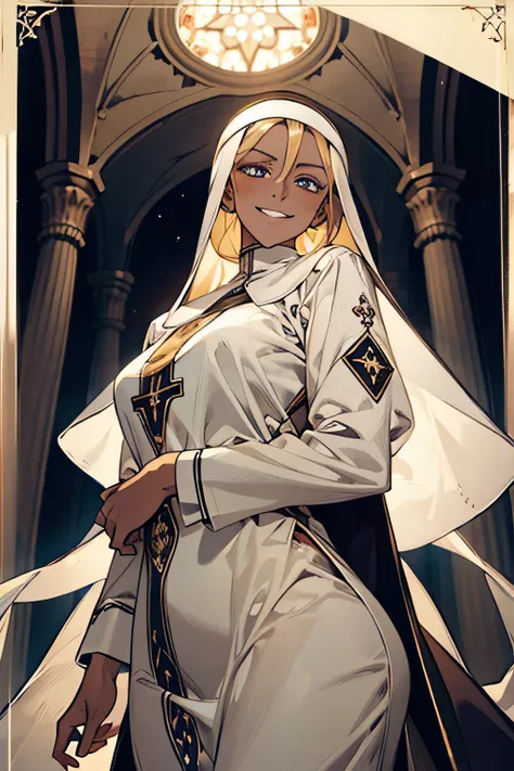  angle from below　One super beautiful nun 　 blonde　 with eyes closed　 smiles　smirk　 dark skin　Nun&#39;s attire　((Showing off panties to the audience:1.5))　background:Inside the chapel　night