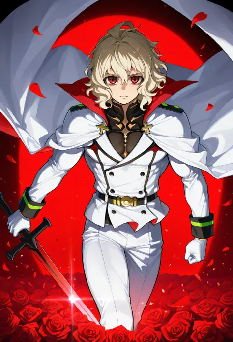 Ultra detailed, HDR, Highres, absurdres, master piece, Mika Hyakuya, wavy blond hair, expressive red eyes, white cape, Owari No Seraph, white vampire clothes, red glittering butterflies, petals, fantasy, red roses, sexy man, very sexy man, solo, extremely ...