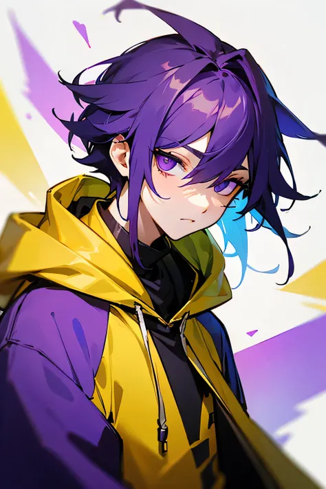  purple hair 　 purple eyes 　 boy　 yellow hoodie