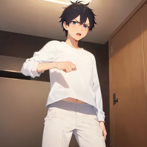 inside a bed room, (looking away:1.5), (at night:1.5), standing, hand up, masterpiece, best quality, Japanese manga style, upper body, (25 year old male: 1.5) and (short black hair) and (blue eyes), BREAK (white) and (T-shirt) and (long sleeve) and (pants)...