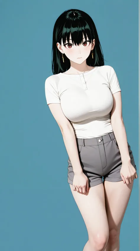 masterpiece, extremely detailed,realisric skin texture,4k,solo,1girl,adult ,((fullbody)),yor forger,expressive,slim body, sexy legs,perfect body,large breasts,housewife,grey short pants, oversize white tshirt,soft light, high detailed, best quality, upper ...