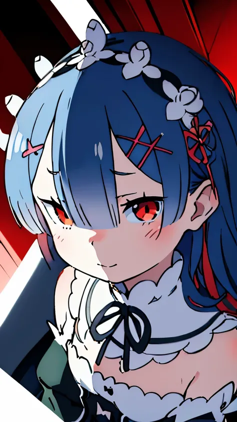 Re:Zero anime. 1 girl, smiling , subtle body, bottomless, trick , extra long hair , (( Cinematic cornerStupid bangs, Concentrated face , looks at the viewer )), Black and white manga art, Cute, black eyes, heavy eye makeup , eye shading, shading on ...