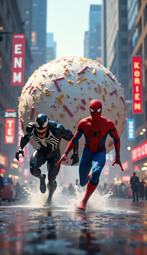 Spider-Man and Venom trying to outrun a giant ice cream ball. Realistic, cinematic style.