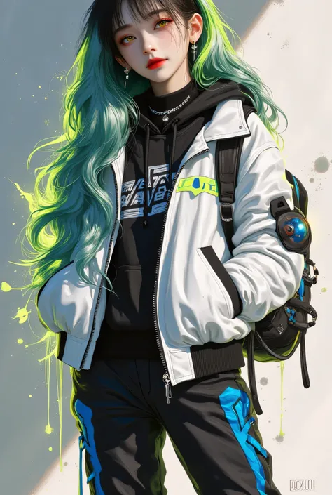 "A futuristic urban streetwear character with a unique, liquid-like form. The character has dark, smooth skin with glowing yellow eyes, and their hair flows like a neon green and blue slime, dripping and shifting dynamically. They wear a stylish oversized ...