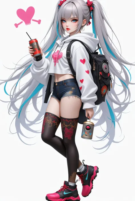 "A stylish anime girl in a futuristic streetwear outfit with cyberpunk aesthetics. She has long, flowing silver hair with blue and pink highlights, adorned with multiple bows. She wears a large white hoodie decorated with heart symbols, a black backpack wi...