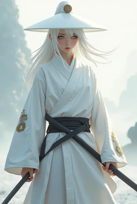 A samurai in a white kimono, White eyed white hair ,  white samurai hat , cartoon