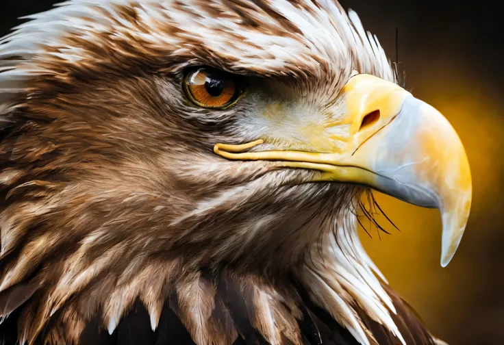 arafed Eagle with yellow eyes and a black background, Eagle head, A Collection of Brilliant Red and Gold Colors , A Collection of Brilliant Red and Gold Colors 4k, aggressive expression , with the beak of an Eagle, angry expression, Intimidating gaze...
