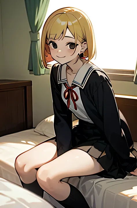 schoolgirl, smiling, looking at viewer, bob, blonde, black eyes, pale skin, white blouse, piercing, in the bedroom, cute, black skirt, school uniform, sitting, single earring ,red ribbon