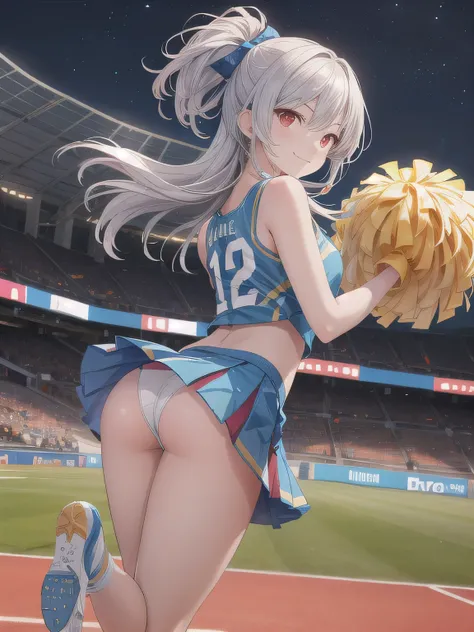 A young woman in a vibrant cheerleader costume stands out under the dazzling floodlights of a soccer stadium. Her outfit, featuring a playful design with a flared miniskirt and a bold, bright bow, sways slightly with her energetic movements. She grips blue...